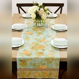 April Cornell Floral Cottage Table Runner Pink Blue Cotton 17" X 85" Tea Party